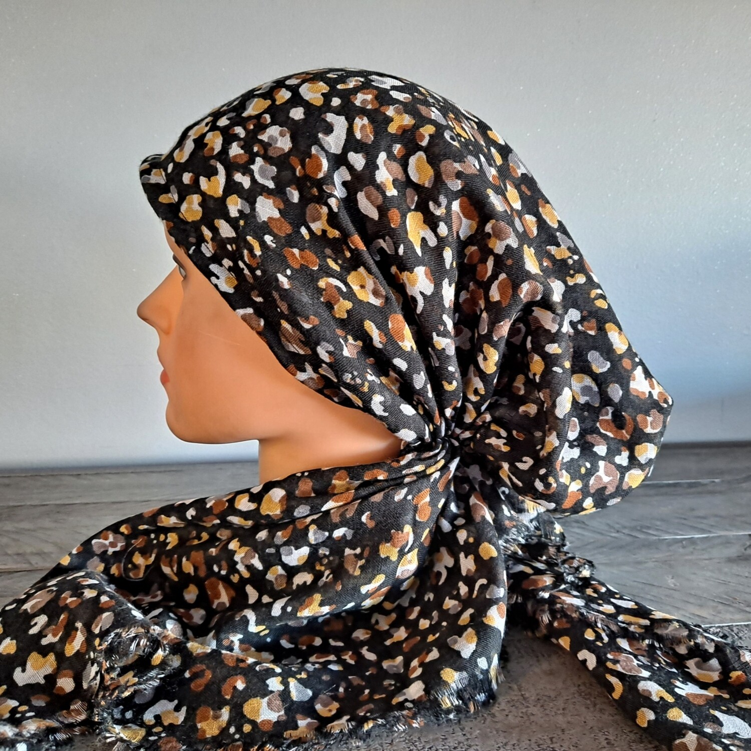 Black colored drops #2 - soft fringes pretied tichel w/band sewn in (BBS)