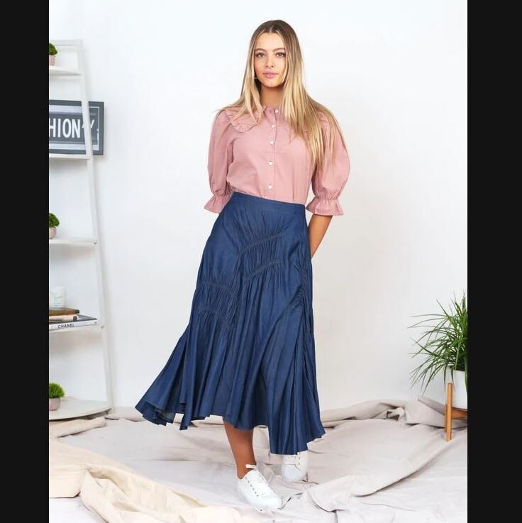 Thin denim ruched skirt - midi