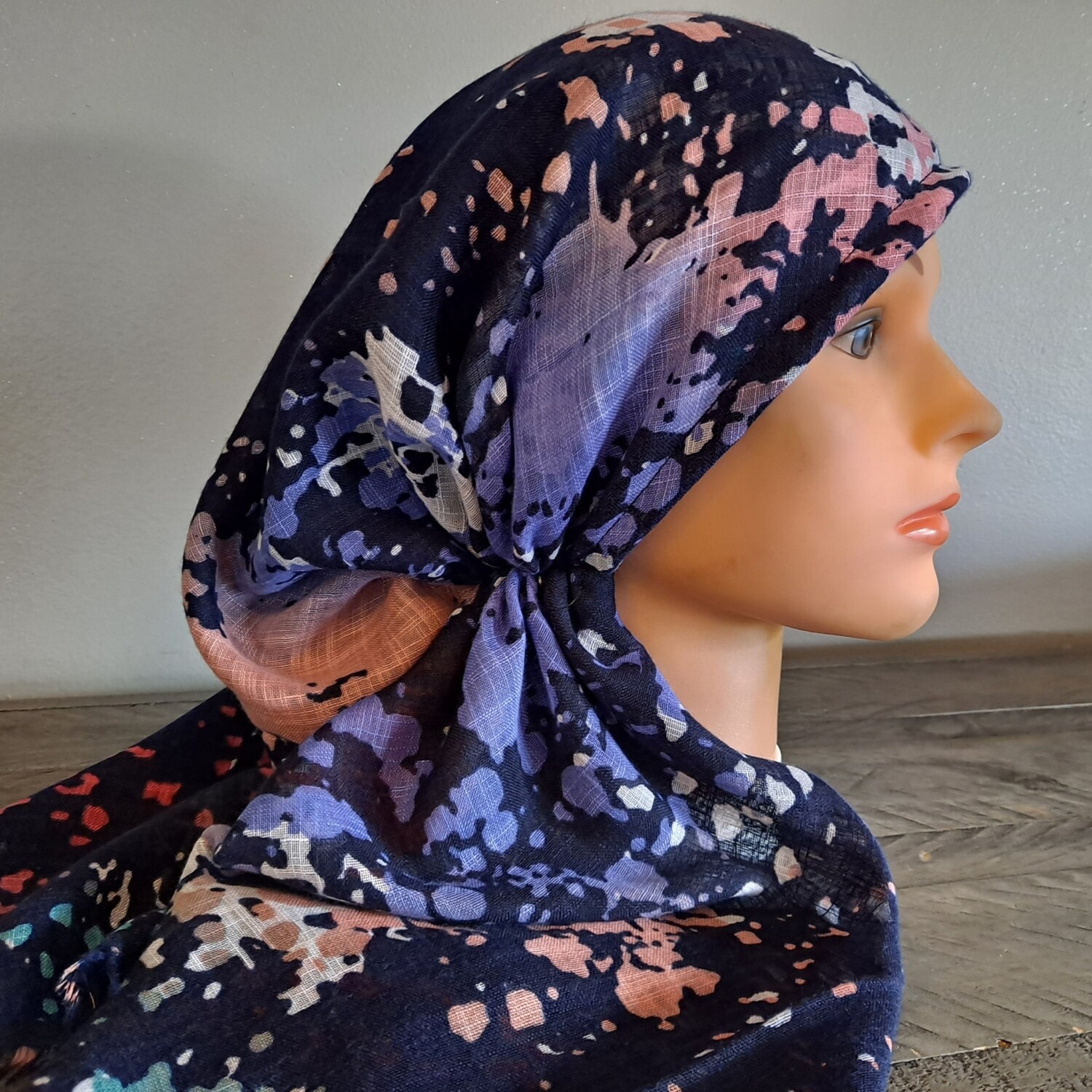Navy with lavender n&#39; more splattered  - soft fringes pretied tichel w/band sewn in (BBS)
