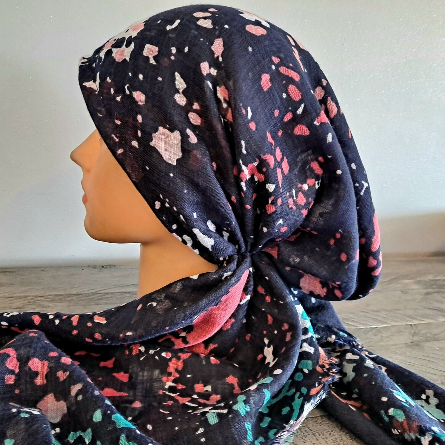 Navy with lavender n' more splattered  - soft fringes pretied tichel w/band sewn in (BBS)