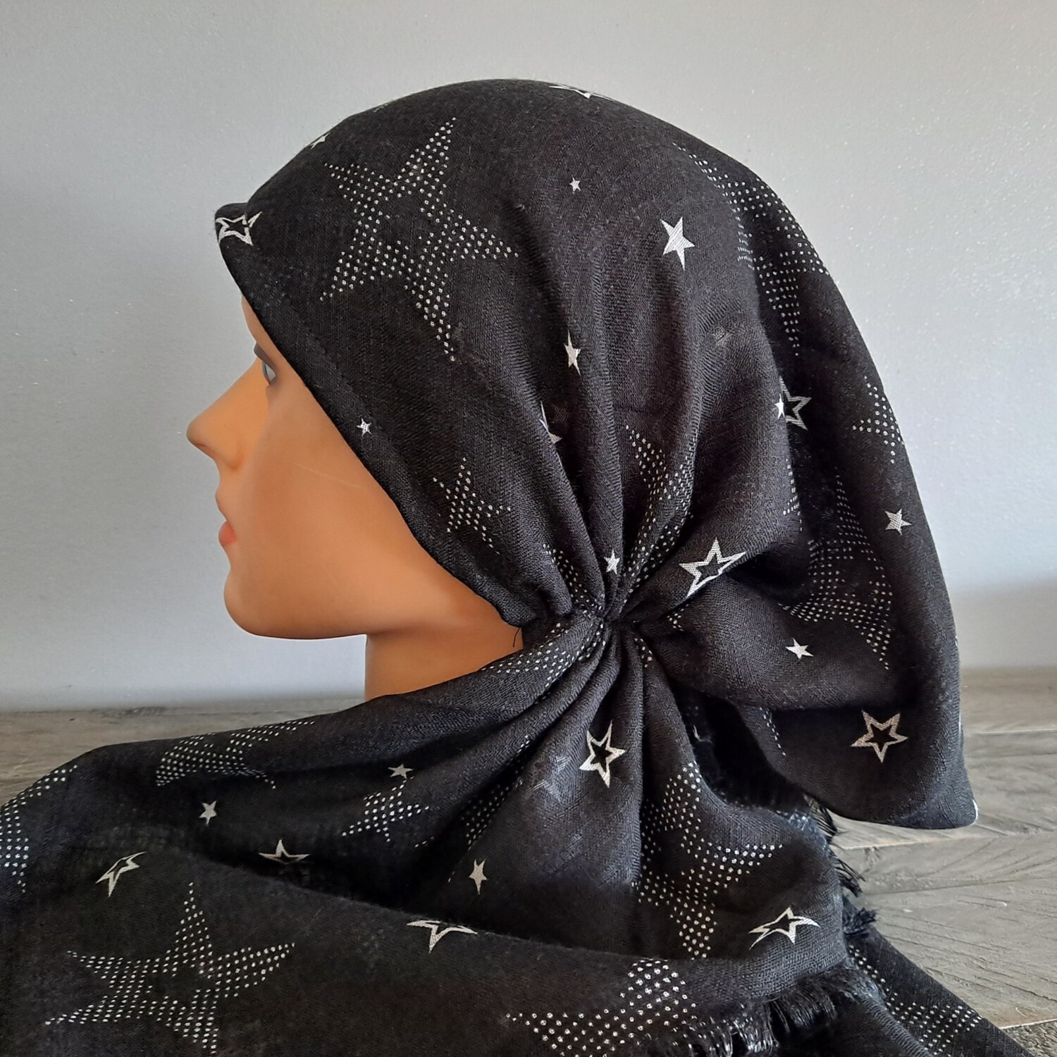 Black starred  - soft fringes pretied tichel w/band sewn in (BBS)