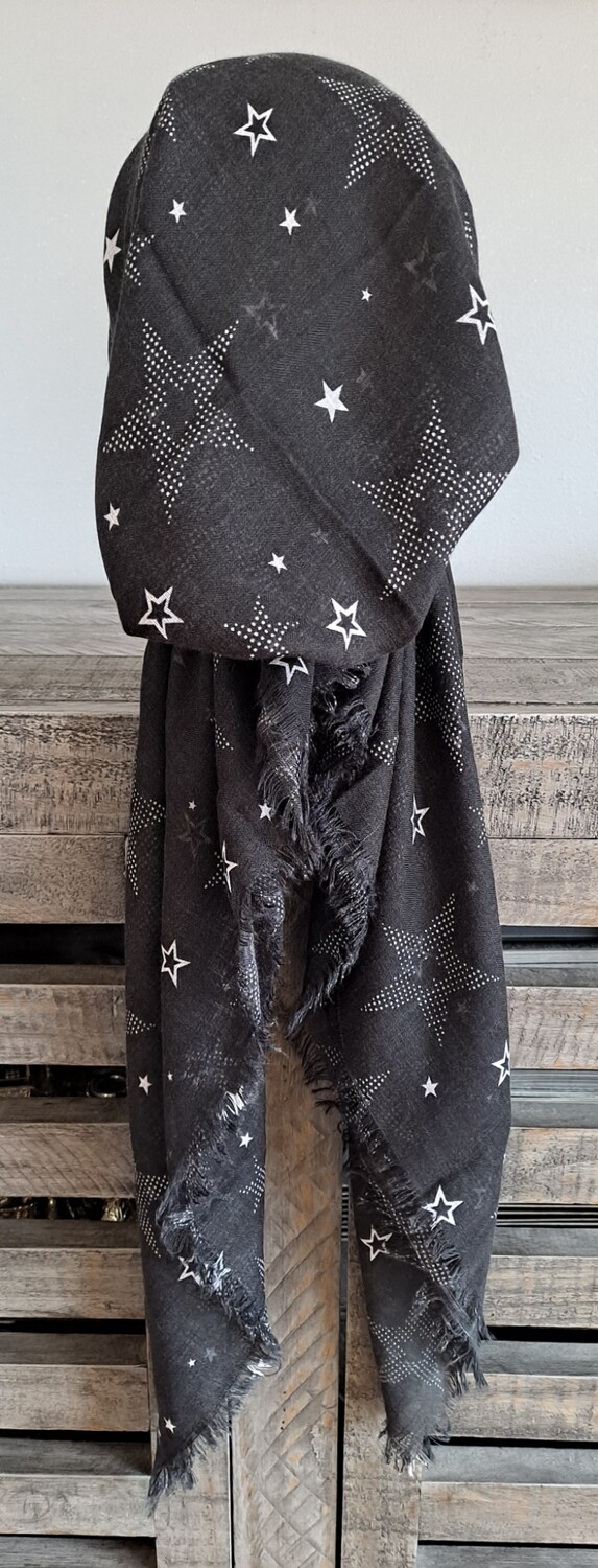 Black starred  - soft fringes pretied tichel w/band sewn in (BBS)