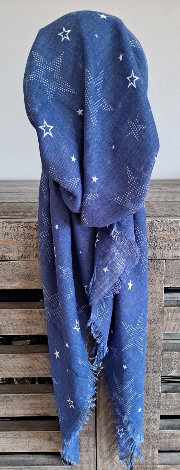 Darker denim starred  - soft fringes pretied tichel w/band sewn in (BBS)