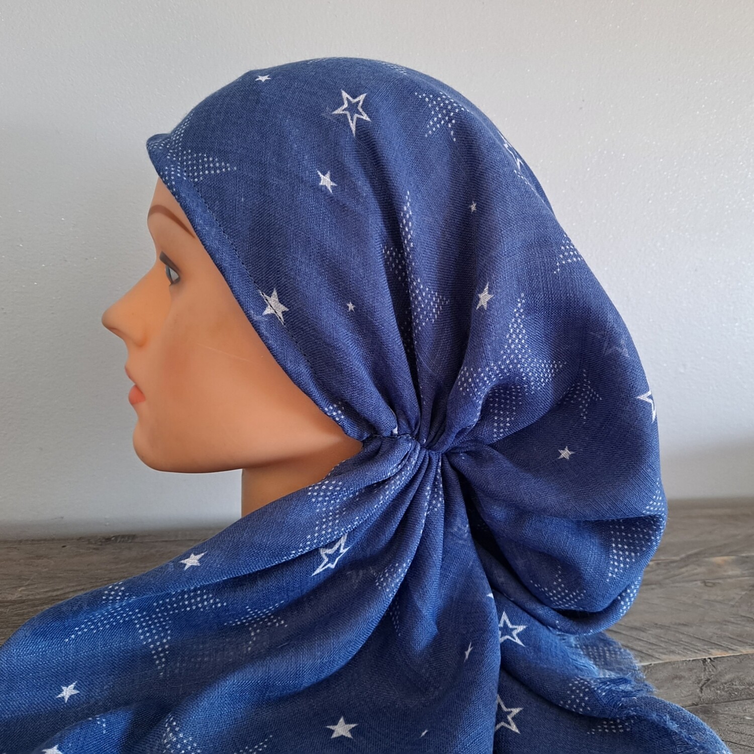 Darker denim starred  - soft fringes pretied tichel w/band sewn in (BBS)