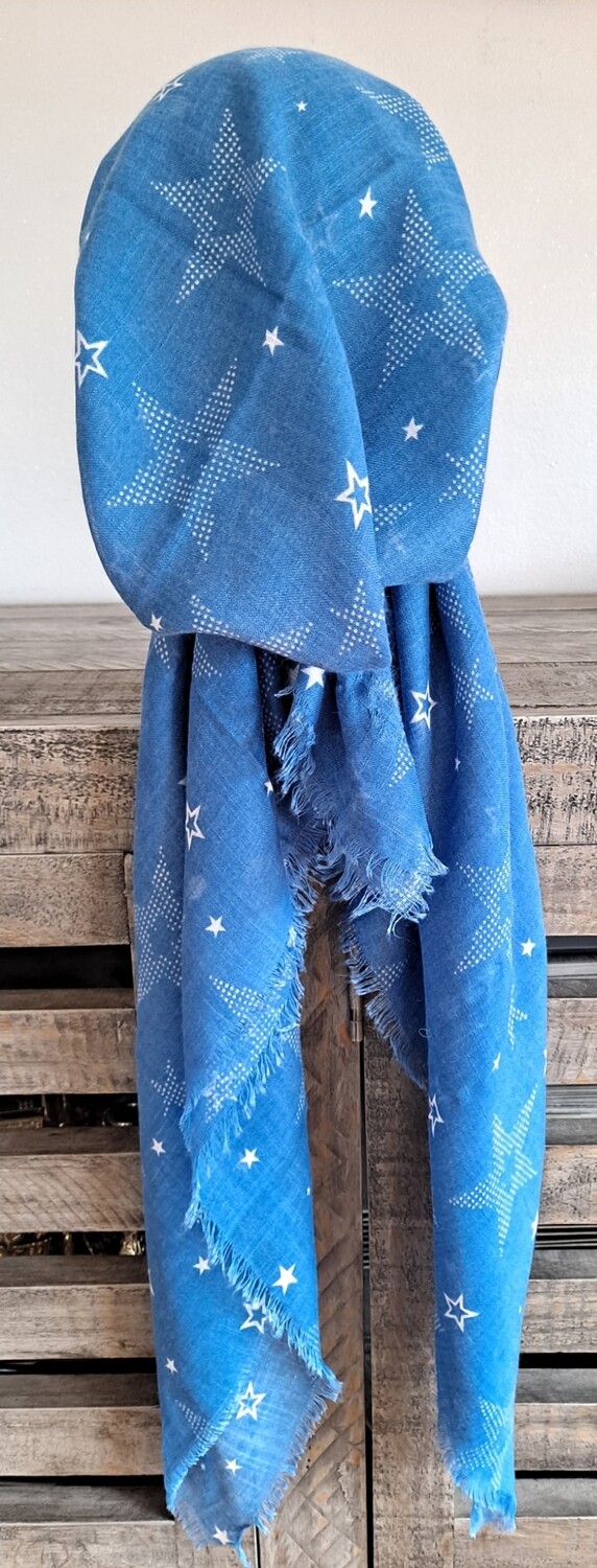 Lighter denim starred  - soft fringes pretied tichel w/band sewn in (BBS)