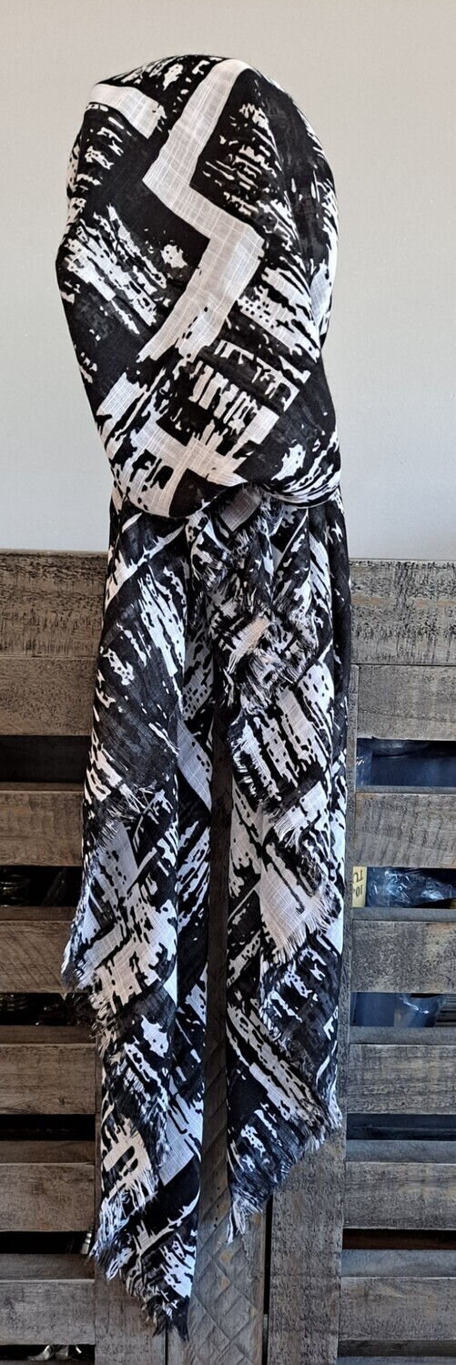 Black/white patterned soft fringes pretied tichel  w/band sewn in (BBS)