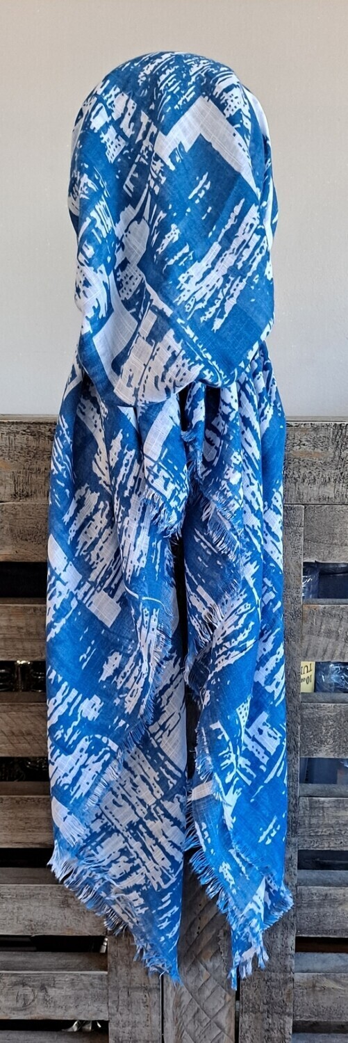 Denim/white patterned soft fringes pretied tichelw/band sewn in (BBS) 