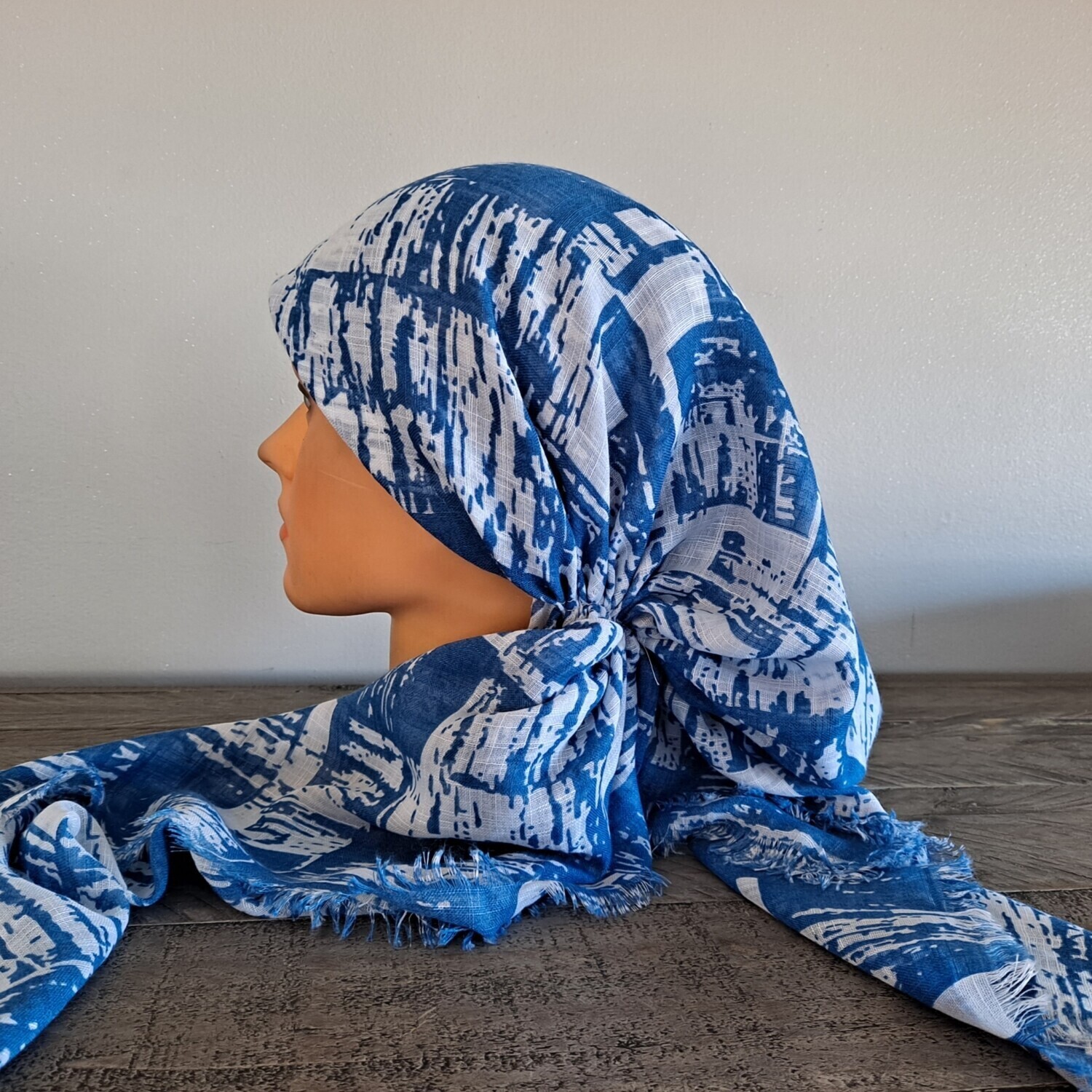 Denim/white patterned soft fringes pretied tichelw/band sewn in (BBS) 