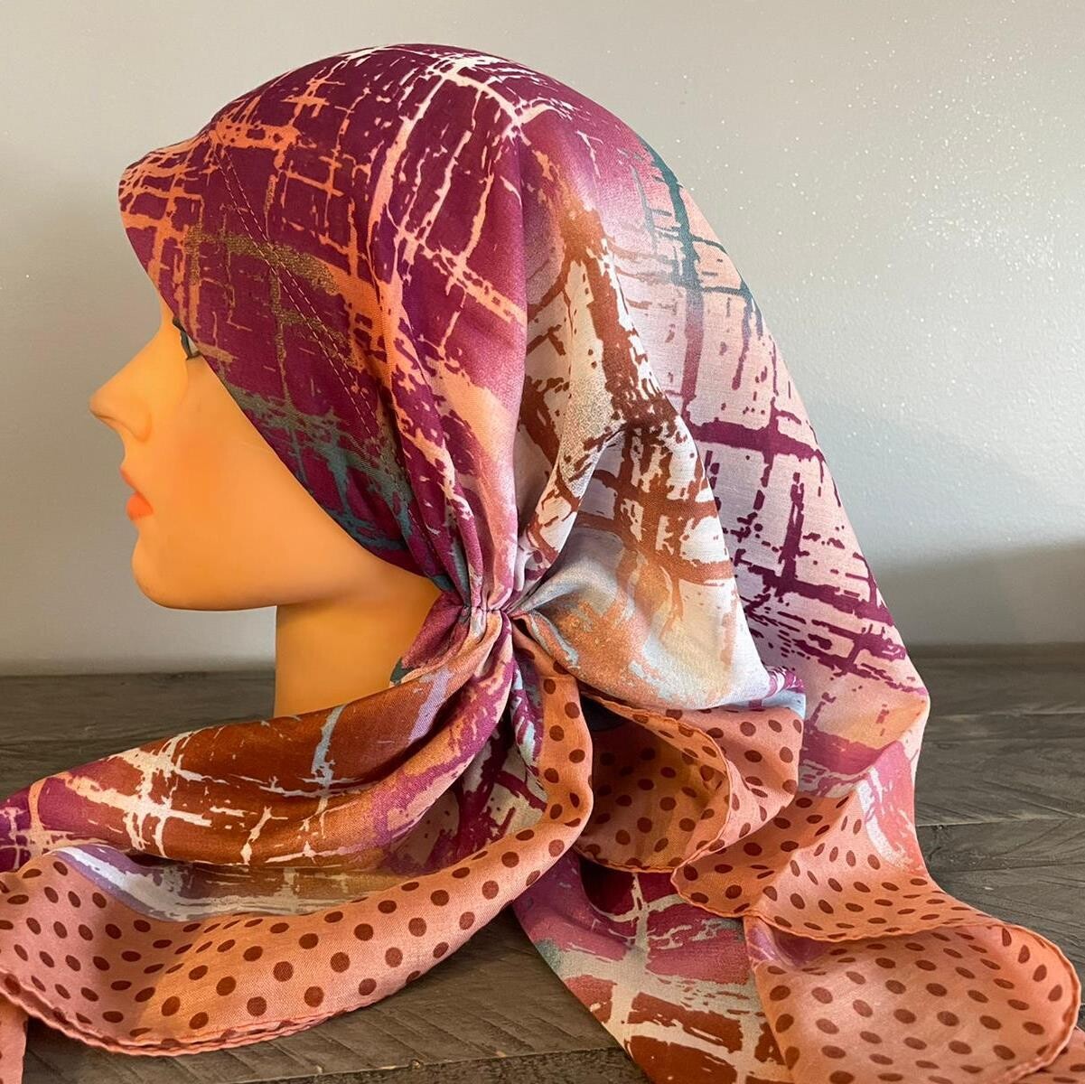 Beautiful colorful w/peachy long back pre-tied kerchief w/band sewn in -Turkish thin material