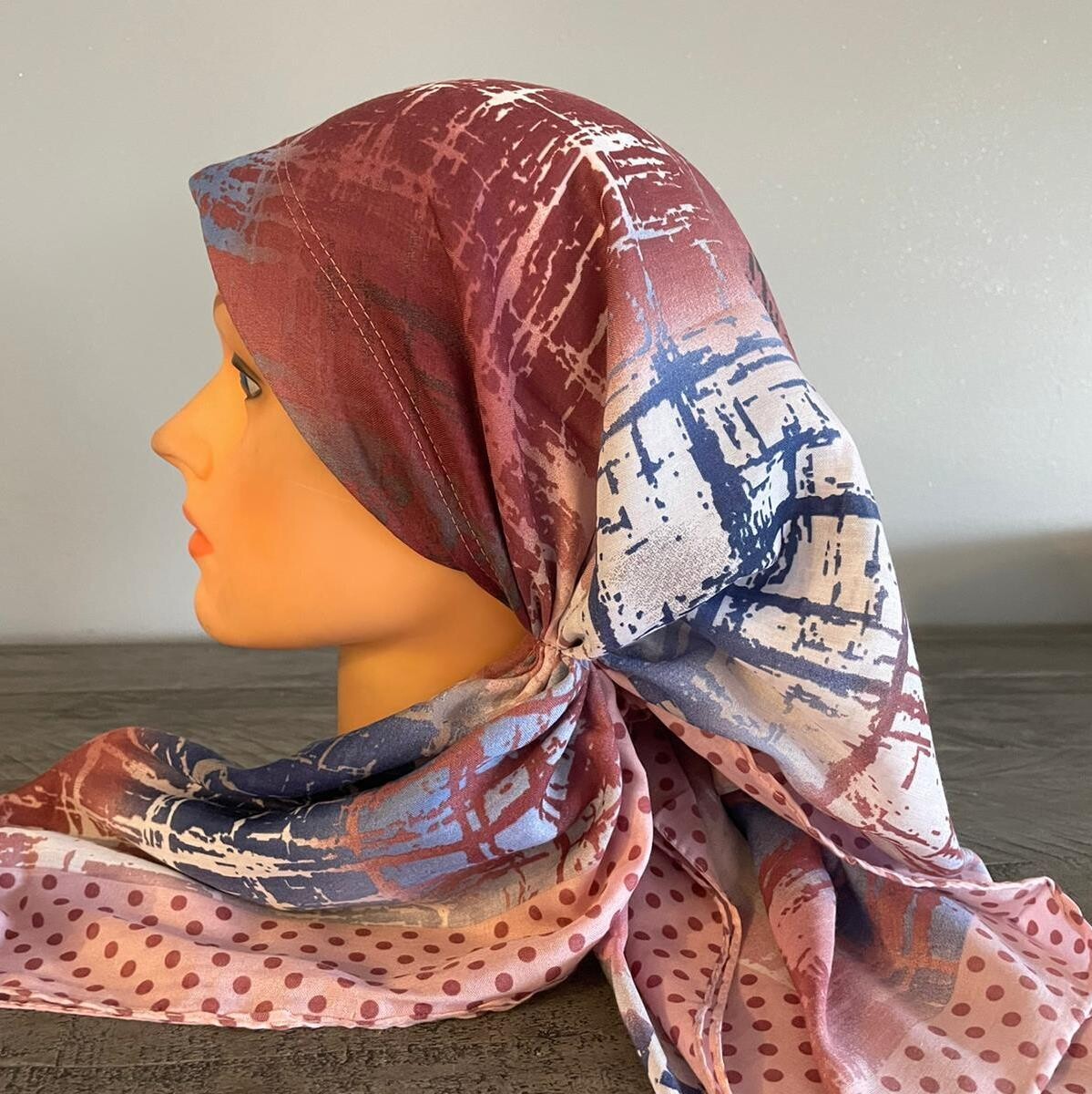 Beautiful colorful w/dusty pink long back pre-tied kerchief w/band sewn in -Turkish thin material