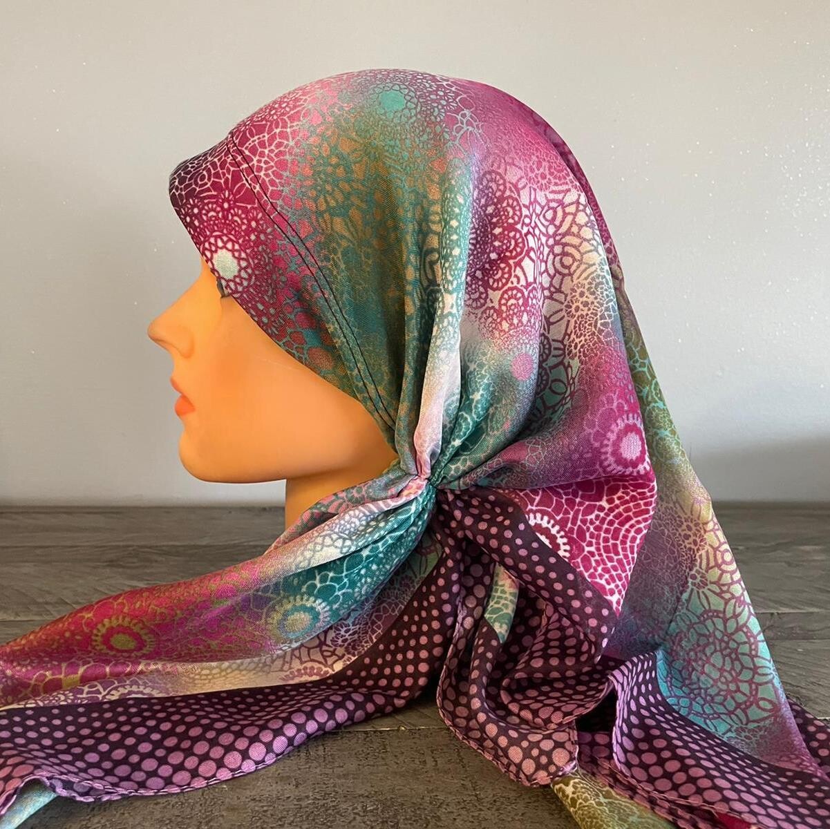 Beautiful colorful w/purple long back pre-tied kerchief w/band sewn in  -Turkish thin material