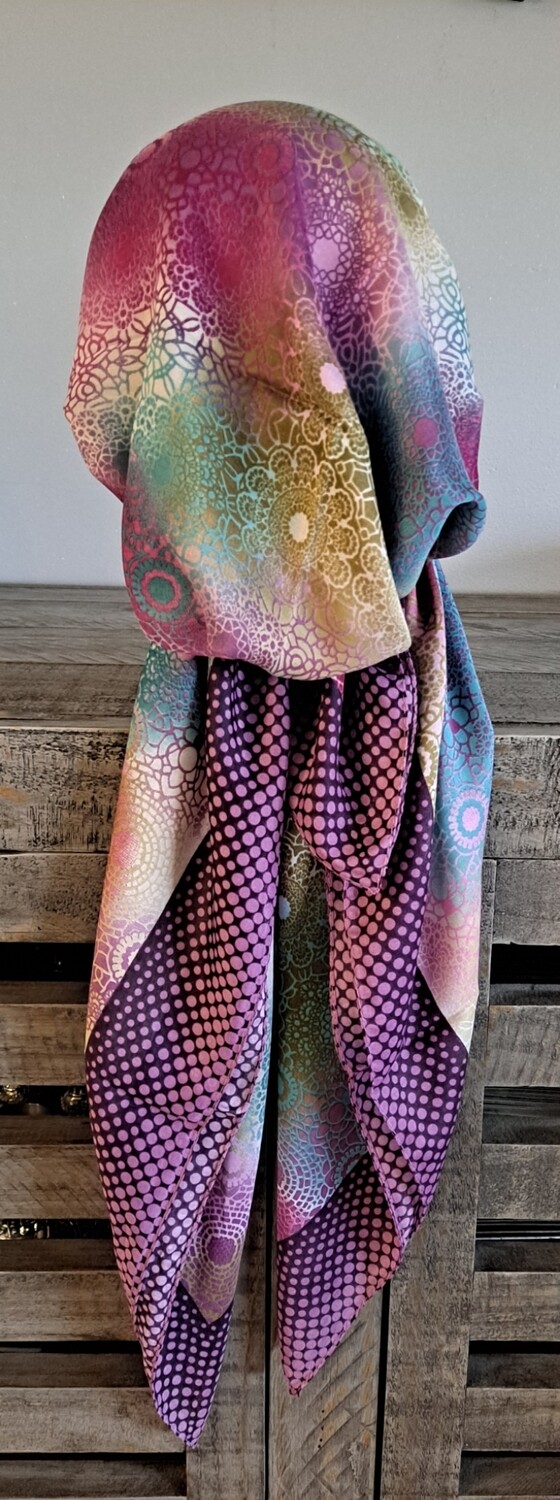 Purple/colorful Turkish Tichel w/band sewn in