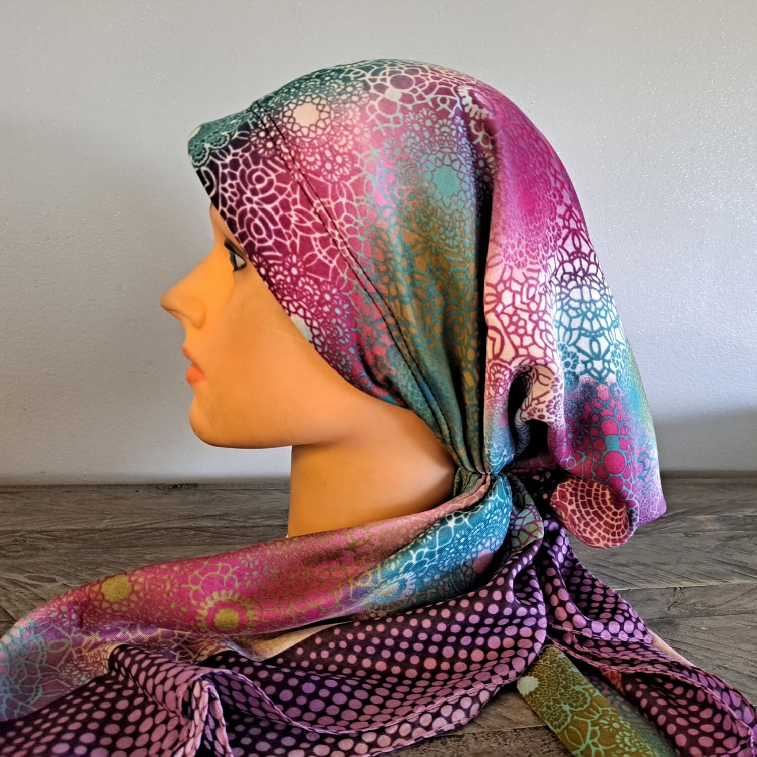 Purple/colorful Turkish Tichel w/band sewn in