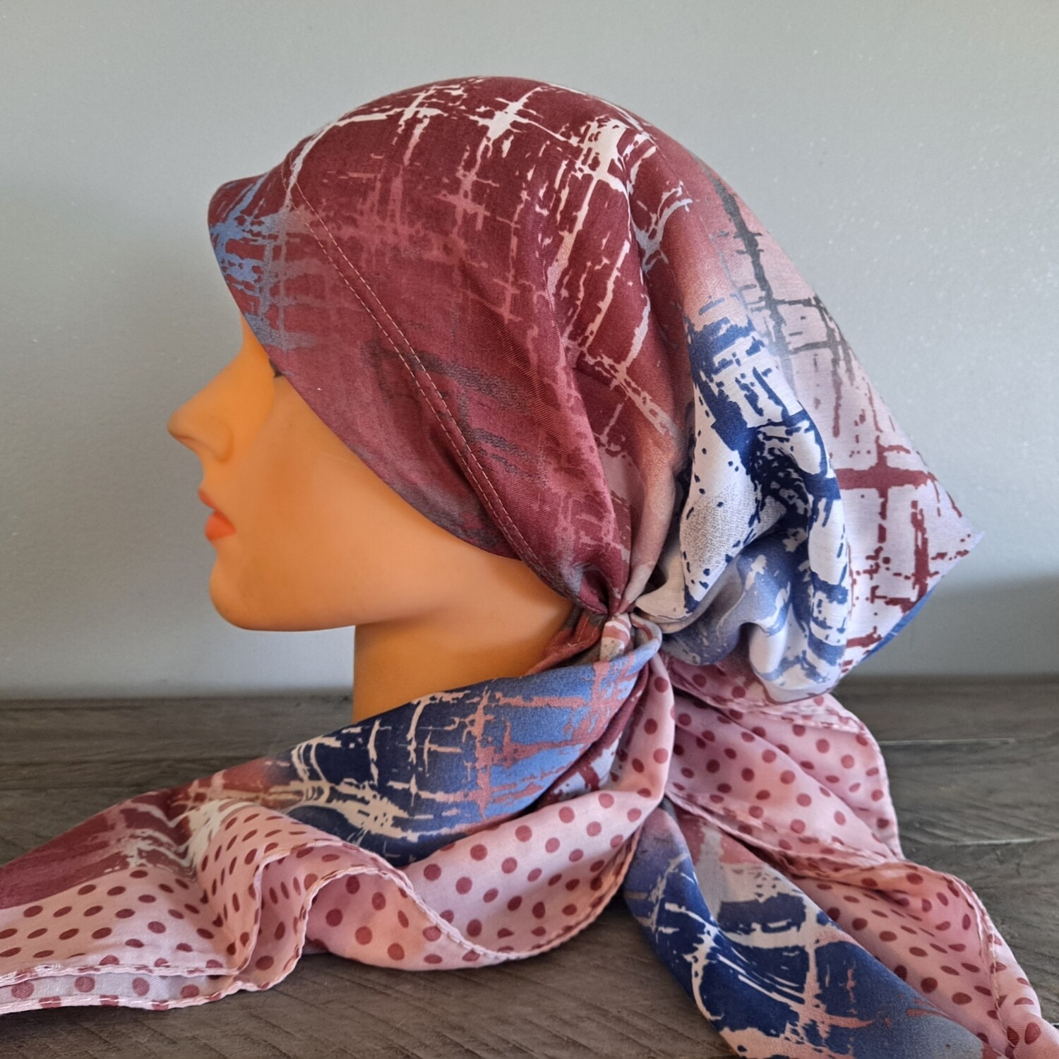 Light pink/colorful Turkish Tichel w/band sewn in
