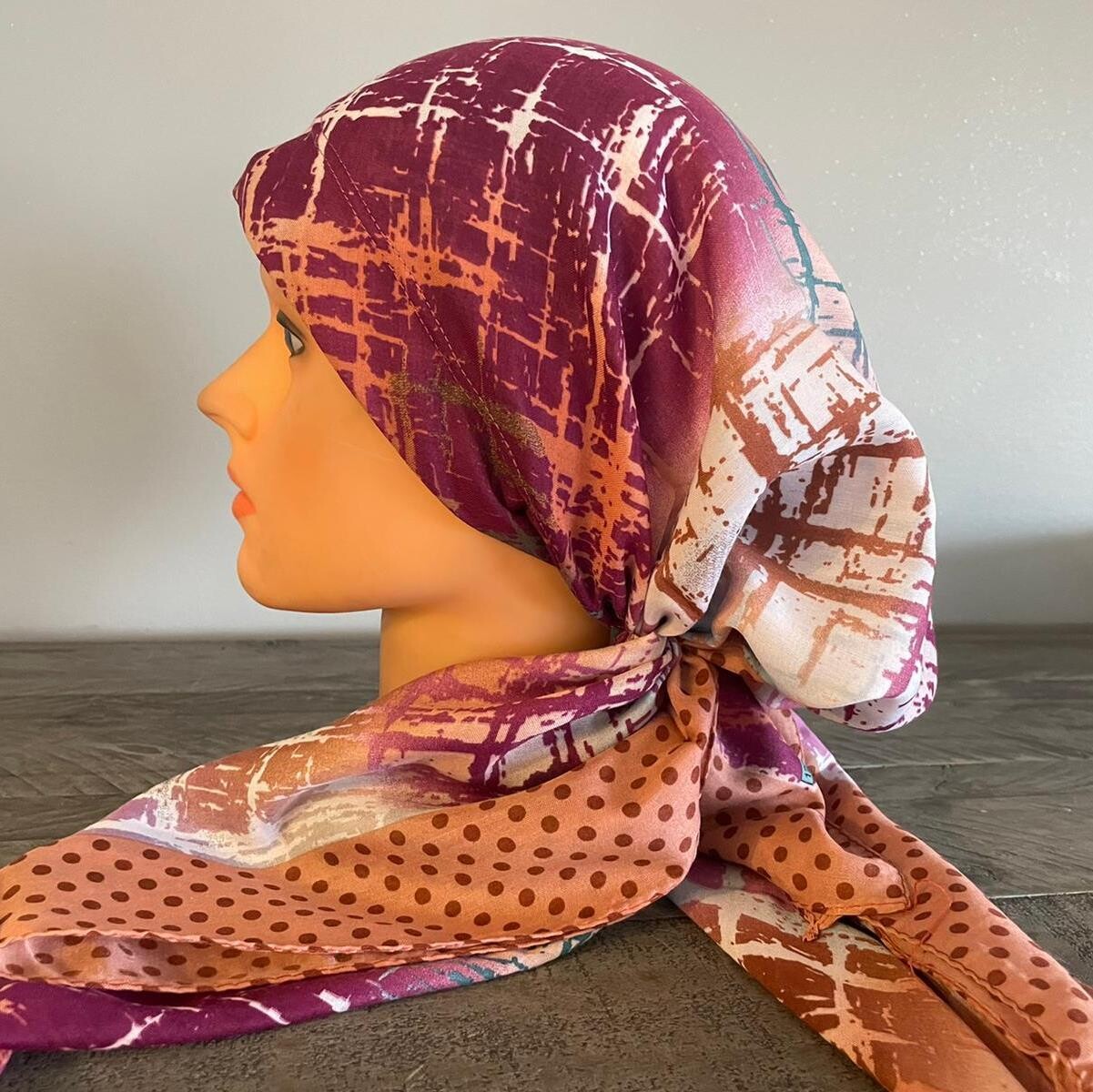 Peachy/colorful Turkish Tichel w/band sewn in