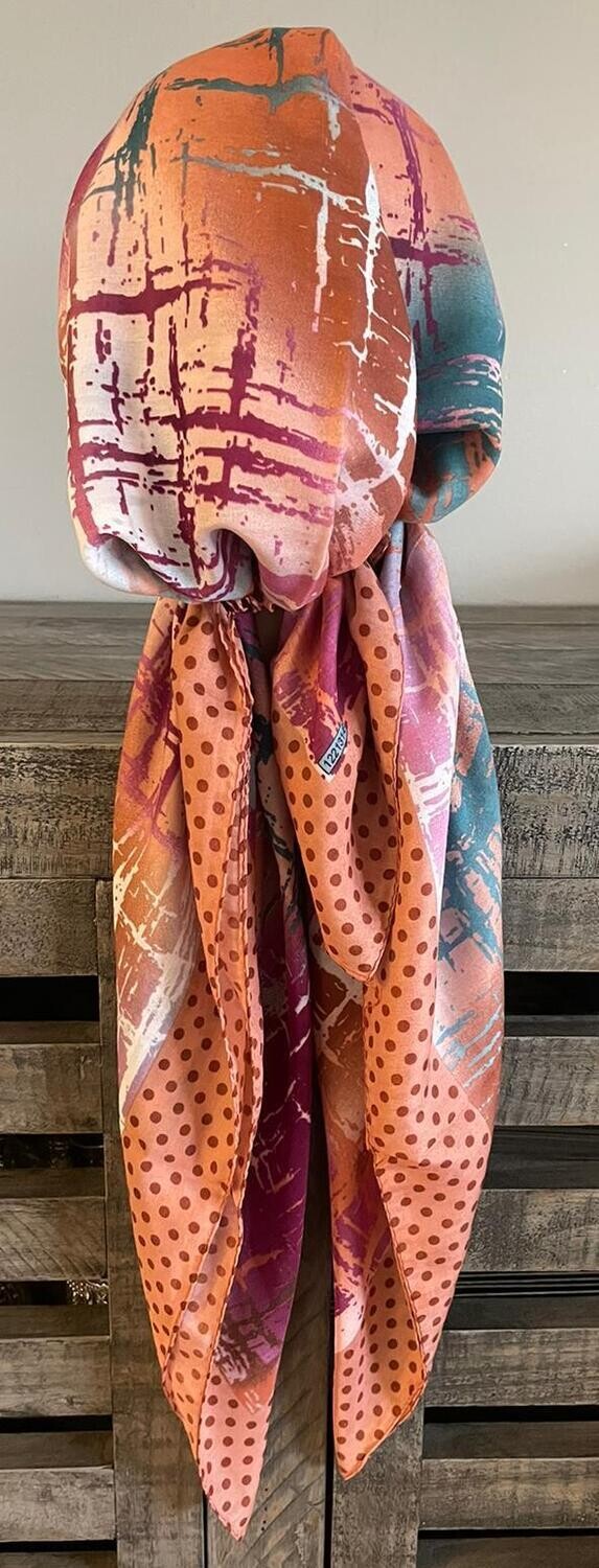 Peachy/colorful Turkish Tichel w/band sewn in