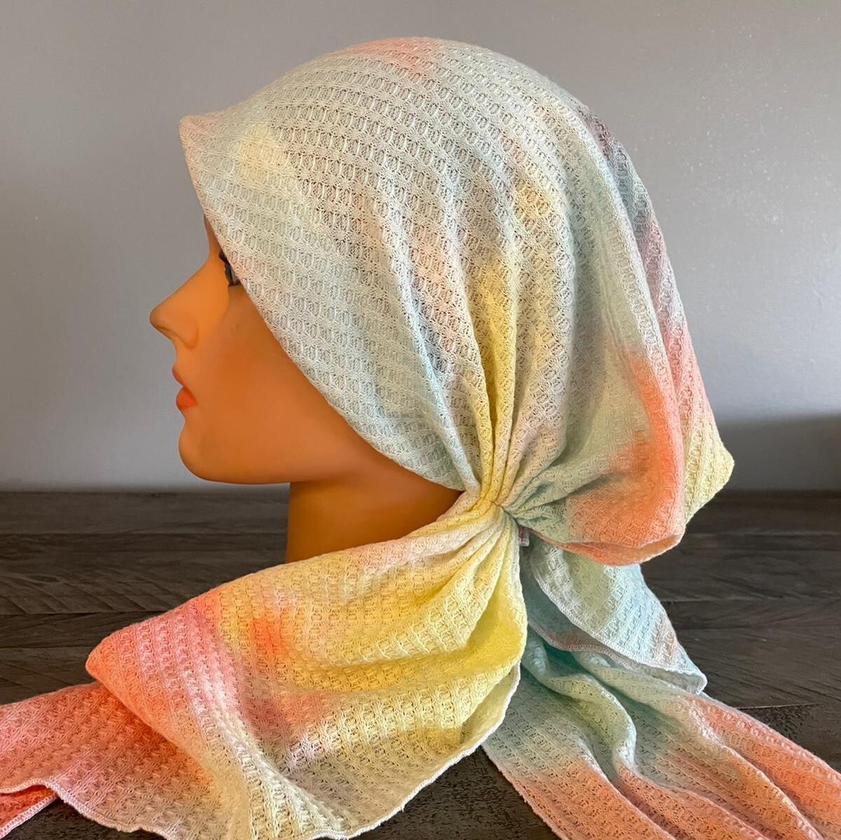 Yellow/pink n&#39; more waffled pretied tichel