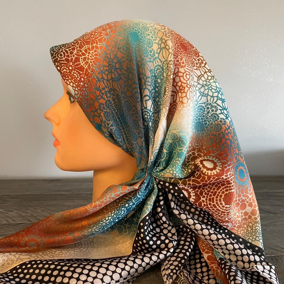 Beautiful copper n&#39; colorful long back pre-tied kerchief w/band sewn in -Turkish thin material