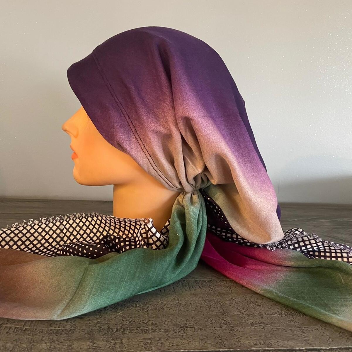 Purple front/colorful  long back pre-tied kerchief w/band sewn in -Turkish thin material