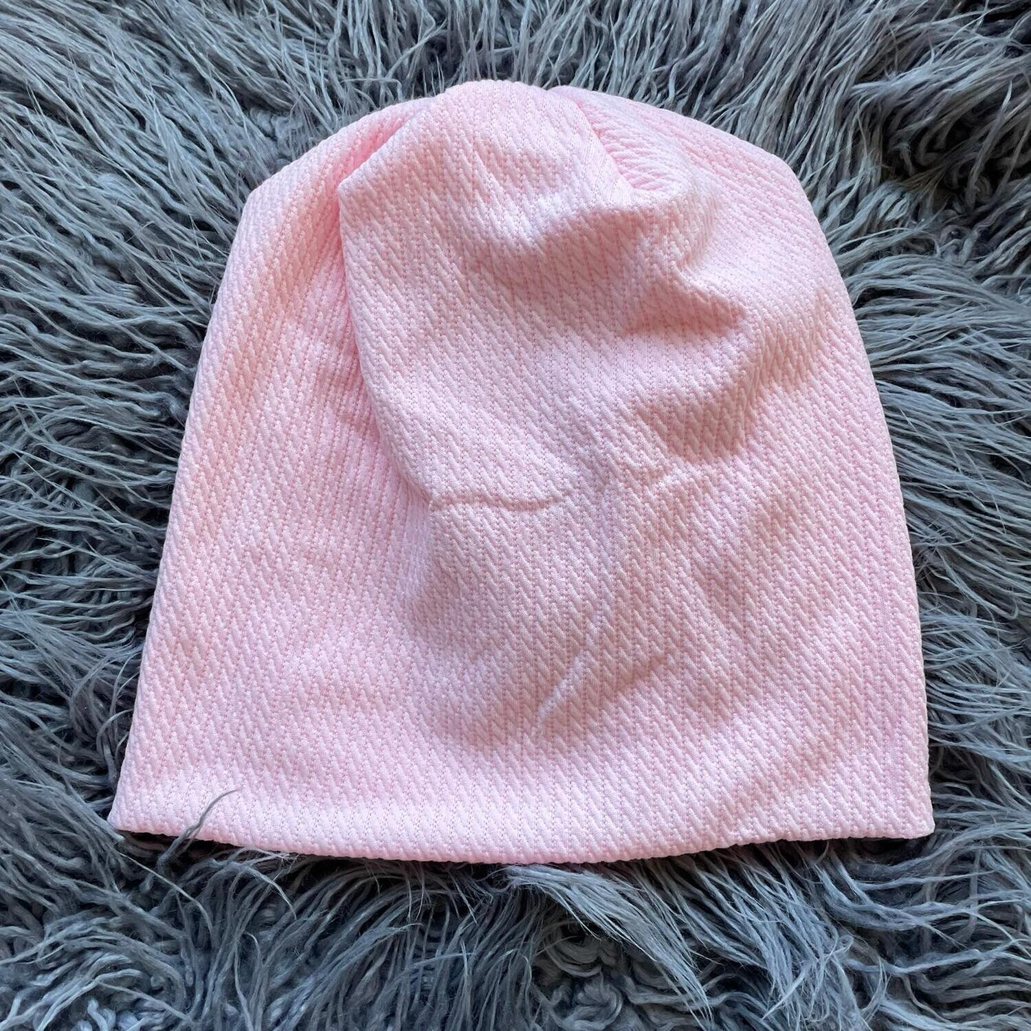Baby pink fine cable ribbed beanie