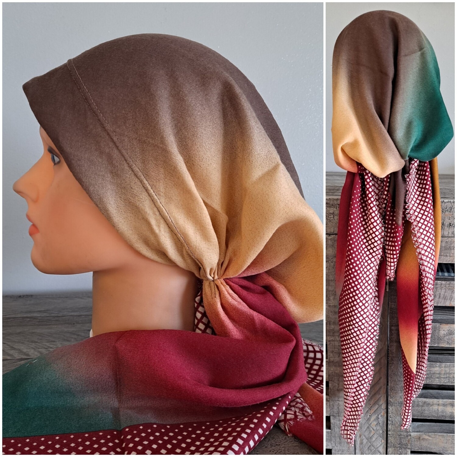 Brown/red n&#39; more Turkish Tichel w/band sewn in
