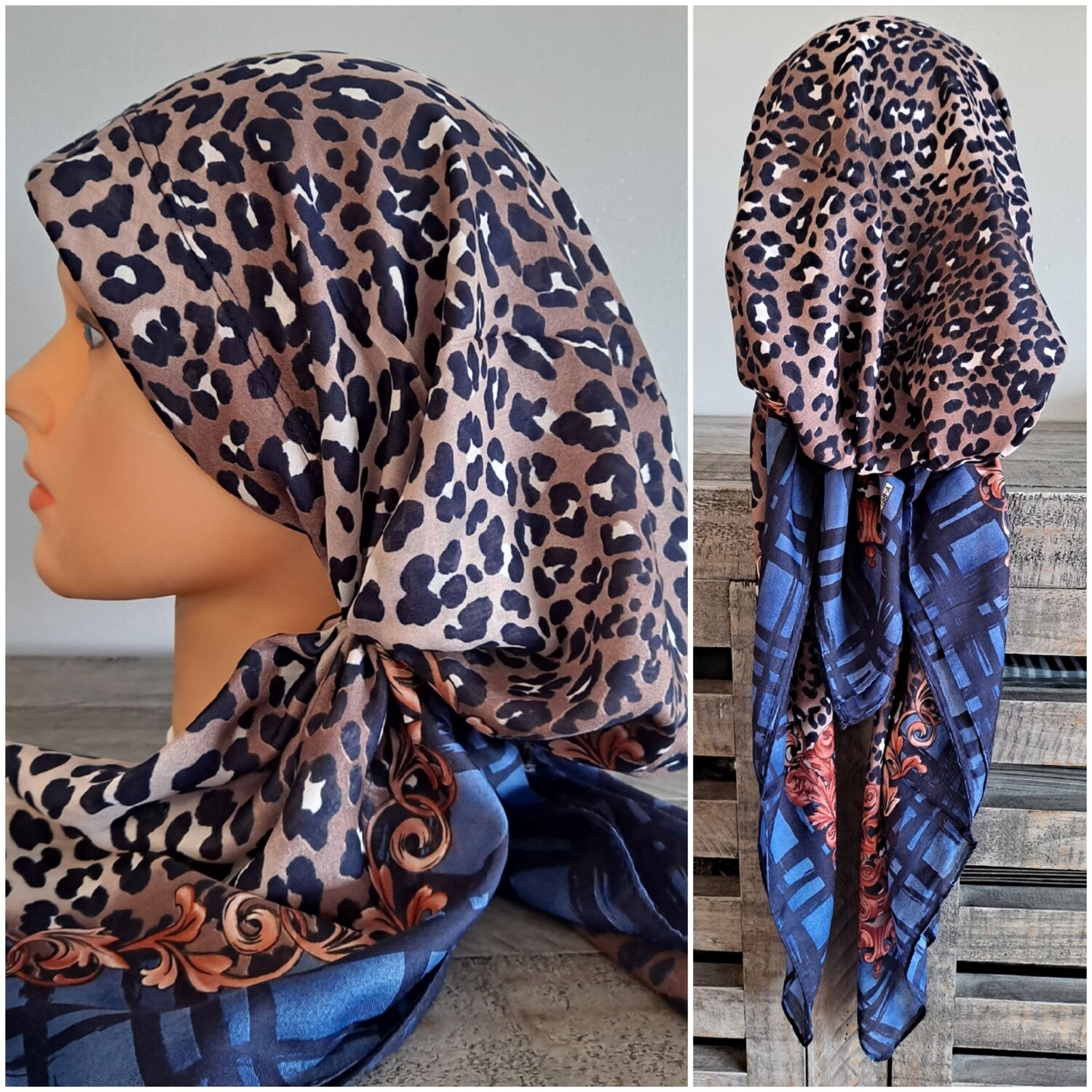 Light brown n&#39; more leopard Turkish Tichel w/band sewn in