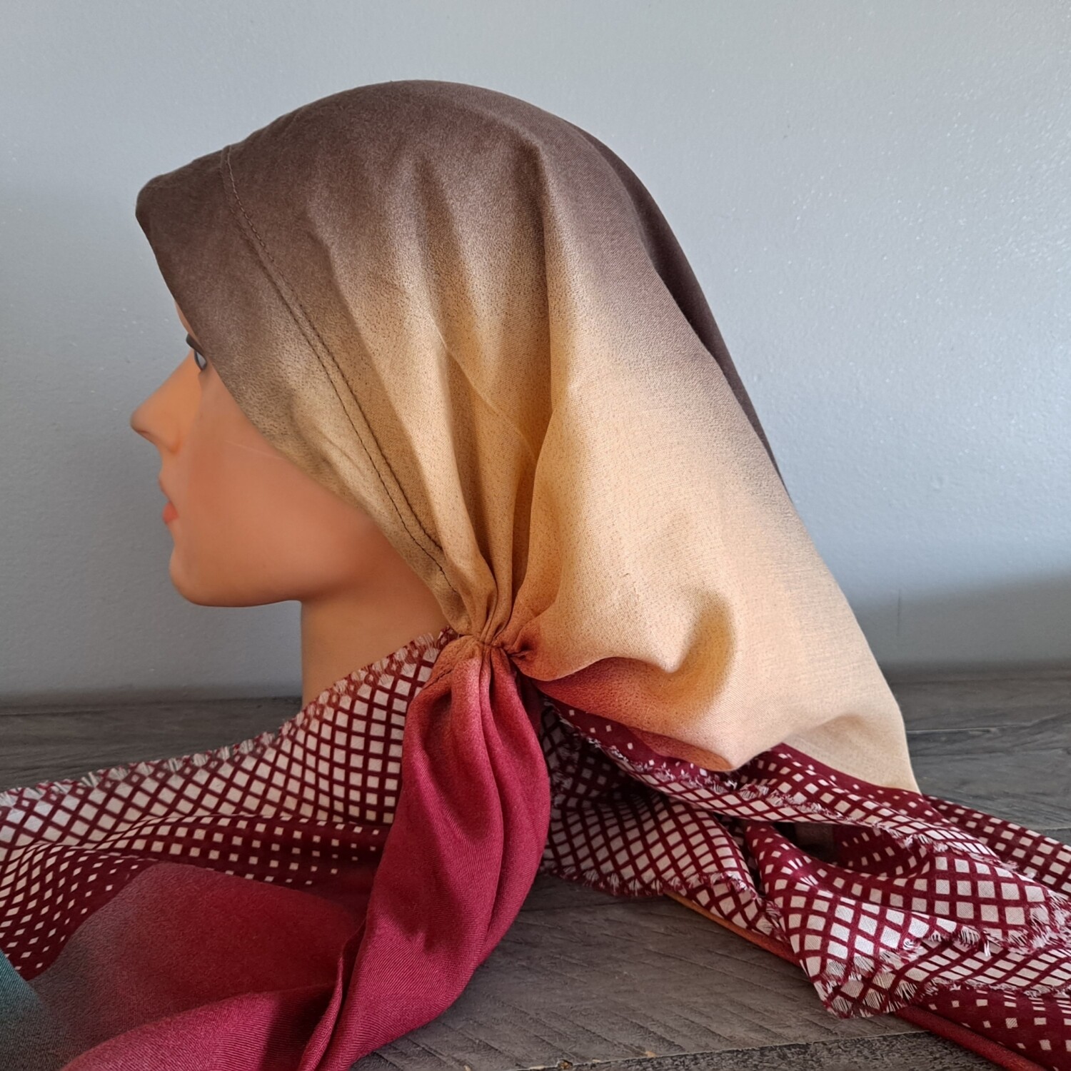 Brown front/colorful long back pre-tied kerchief w/band sewn in -Turkish thin material