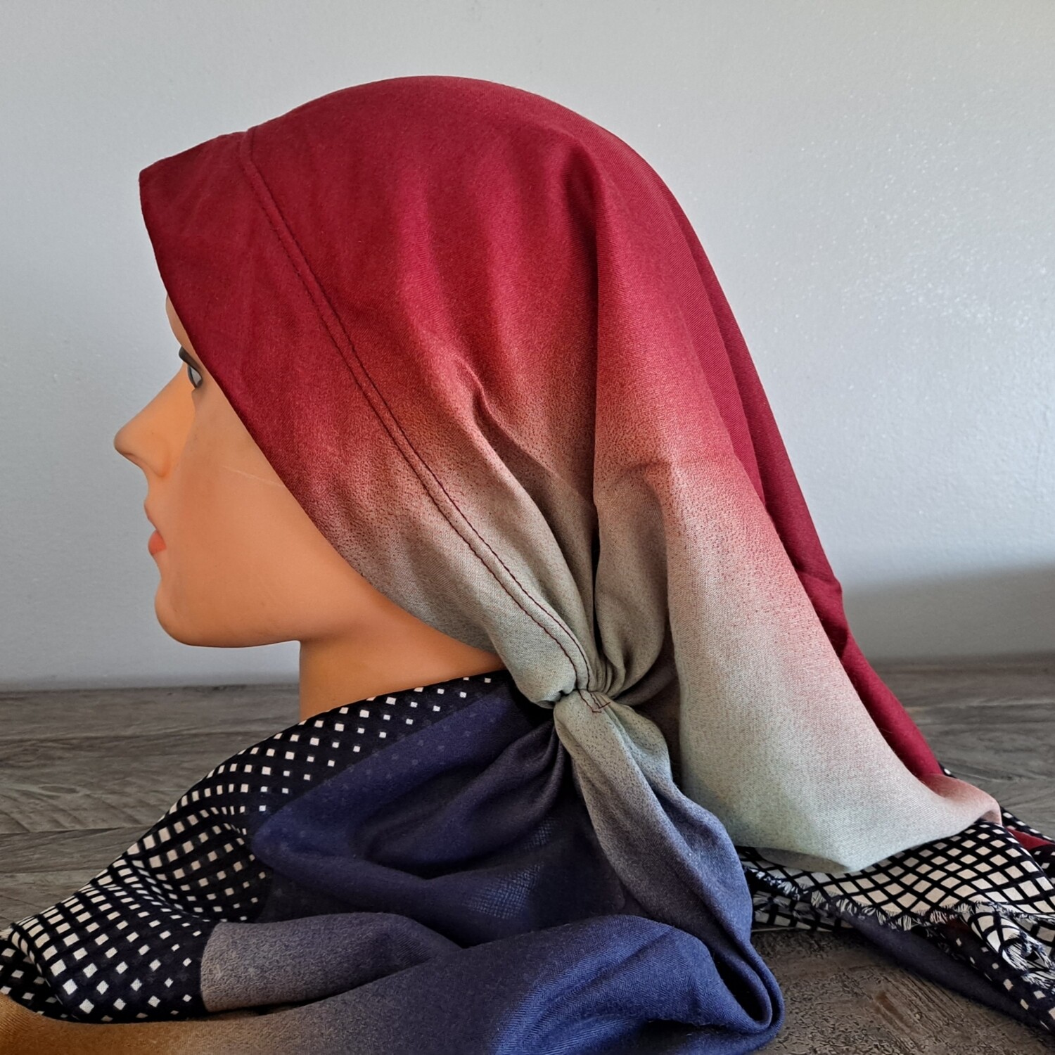 Red front/colorful long back pre-tied kerchief w/band sewn in -Turkish thin material