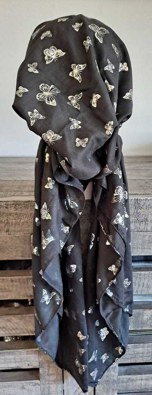 Black/silver - butterflies pattern pre-tied tichel w/band sewn in (BBS