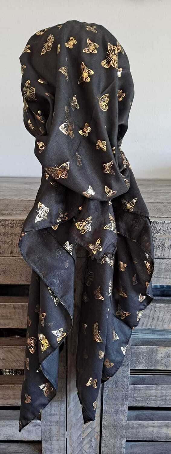 Black/gold - butterflies pattern pre-tied tichel w/band sewn in (BBS
