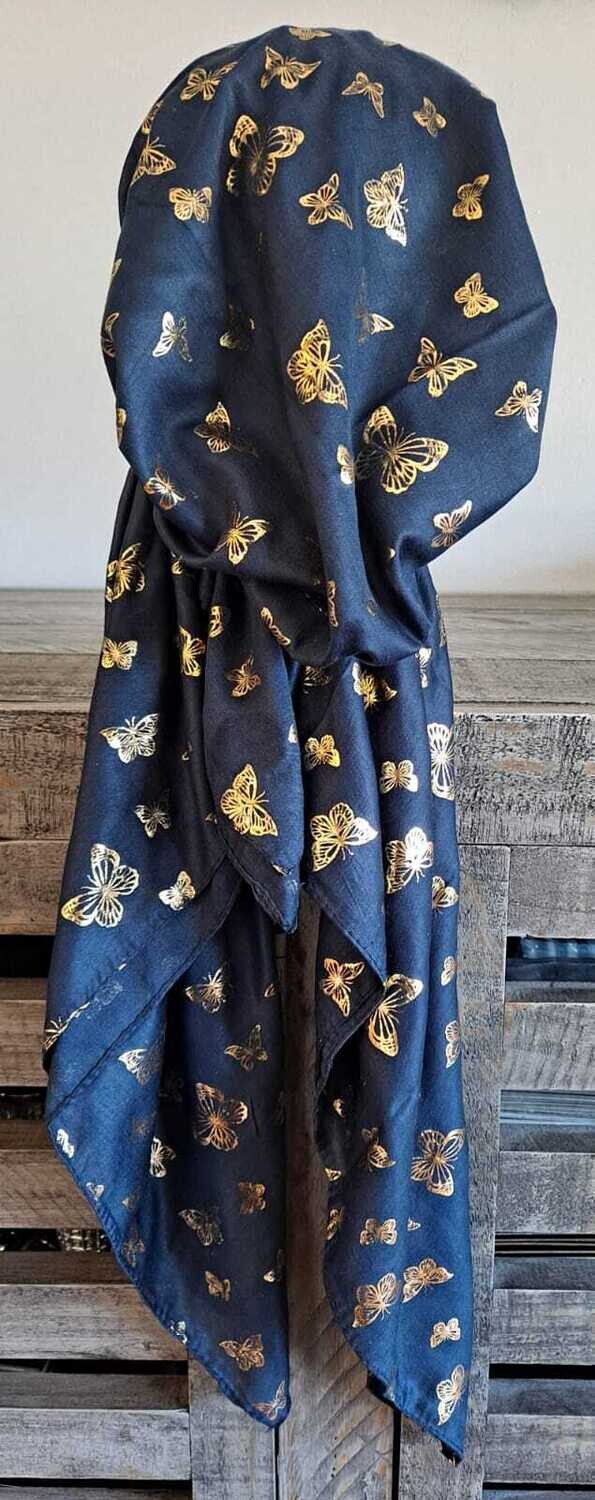 Navy/gold - butterflies pattern pre-tied tichel w/band sewn in (BBS