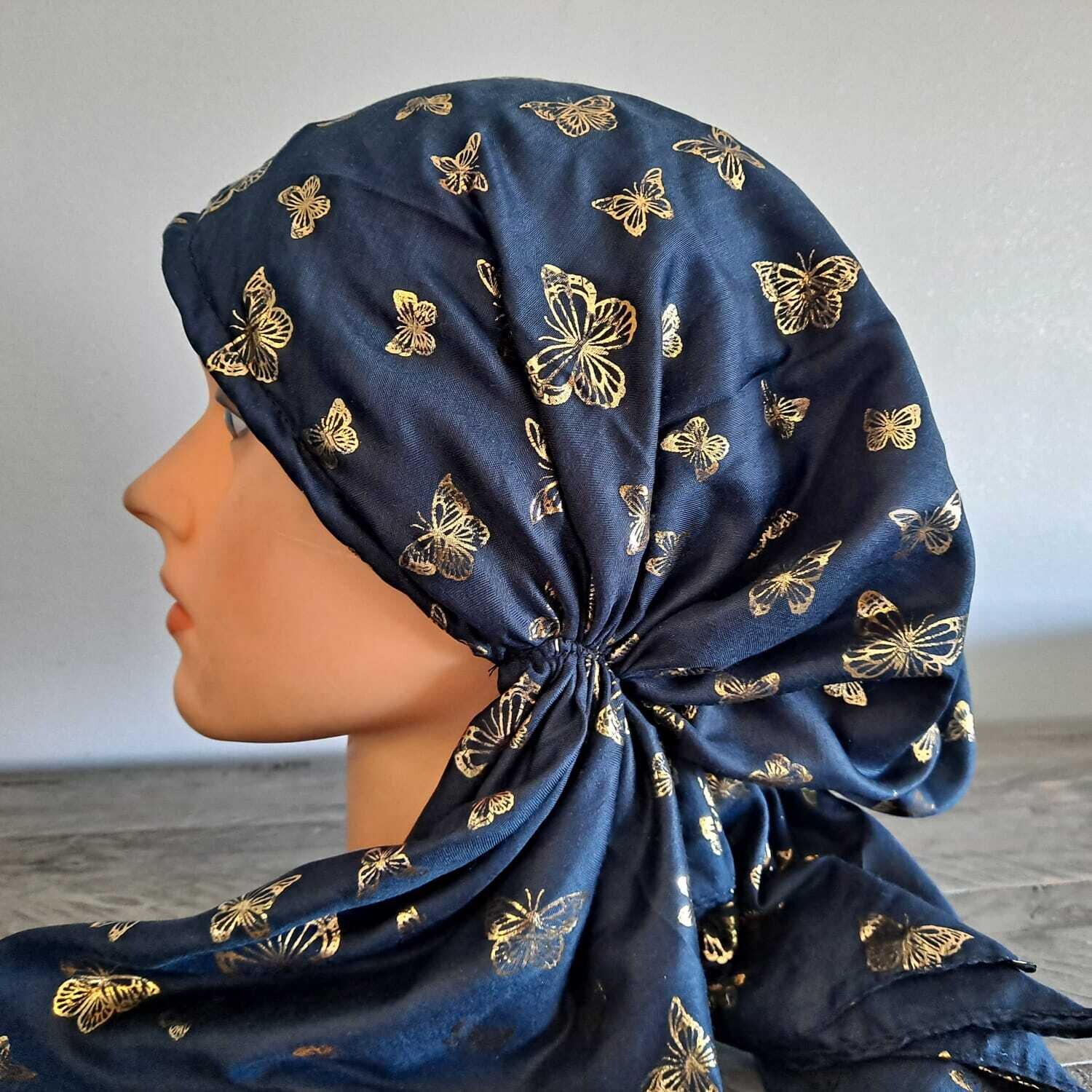 Navy/gold - butterflies pattern pre-tied tichel w/band sewn in (BBS