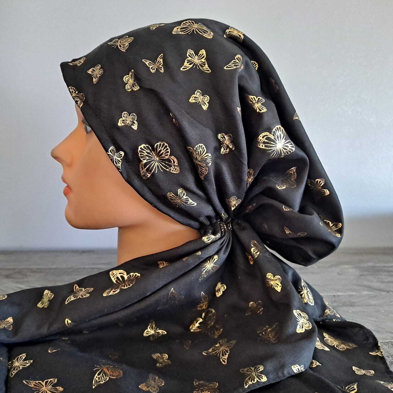 Black/gold - butterflies pattern pre-tied tichel w/band sewn in (BBS