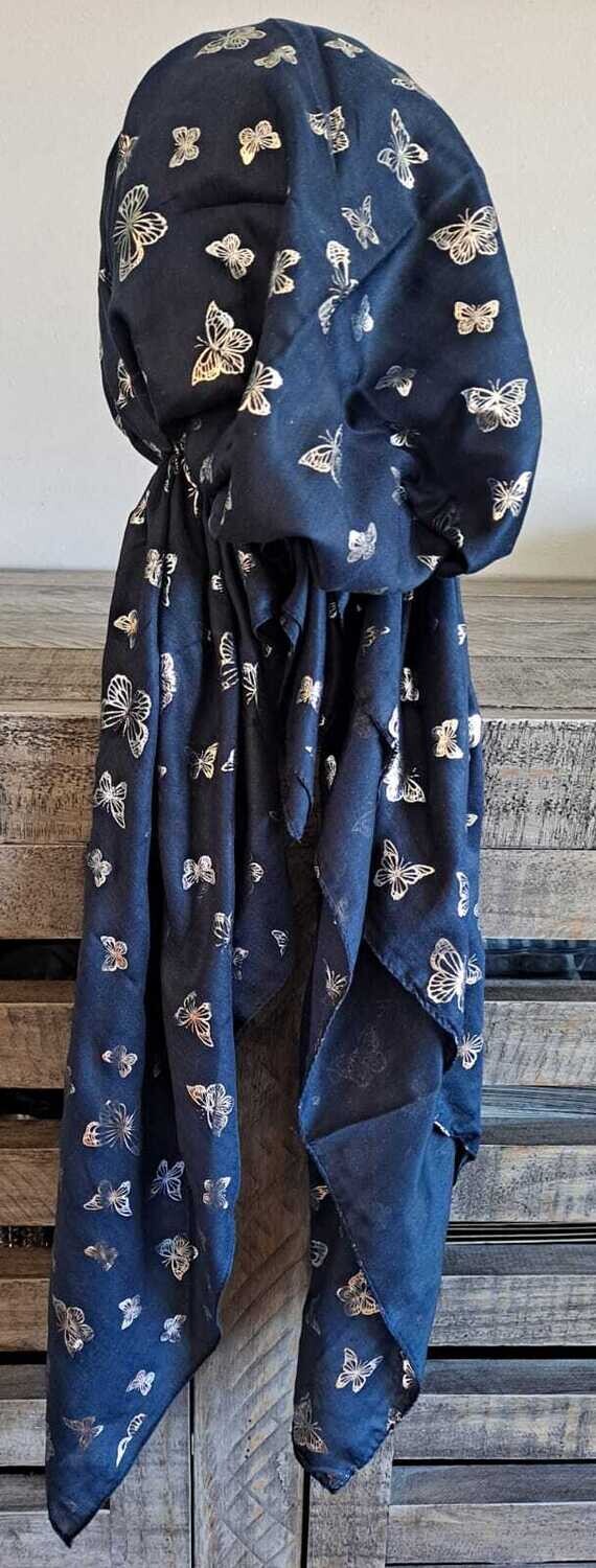 Navy/silver - butterflies pattern pre-tied tichel w/band sewn in (BBS