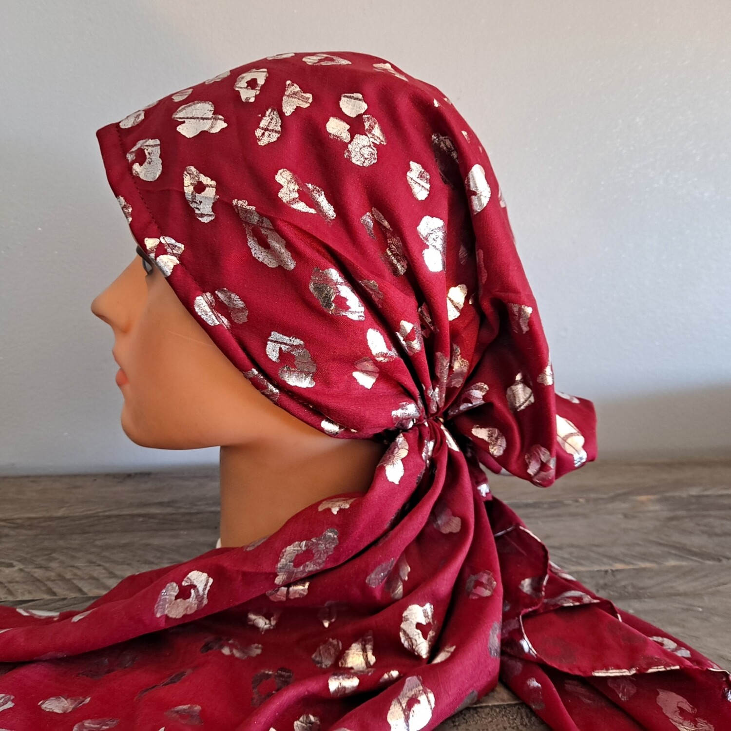 Maroon - silver leopard print pre-tied tichel w/band sewn in (BBS)