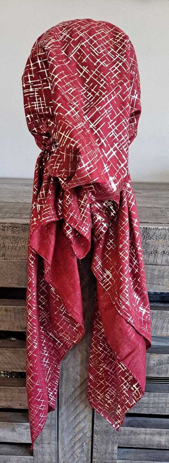 Cranberry - silver lines patterned pretied tichel w/band sewn in (BBS)