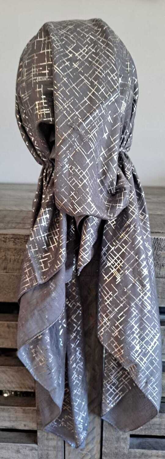 Gray - silver lines patterned pretied tichel w/band sewn in (BBS)