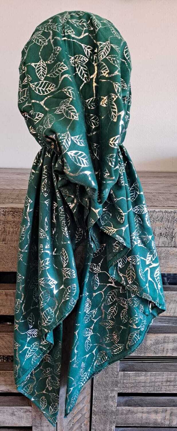 Green/silver small leaves pattern pre-tied tichel w/band sewn in (BBS)