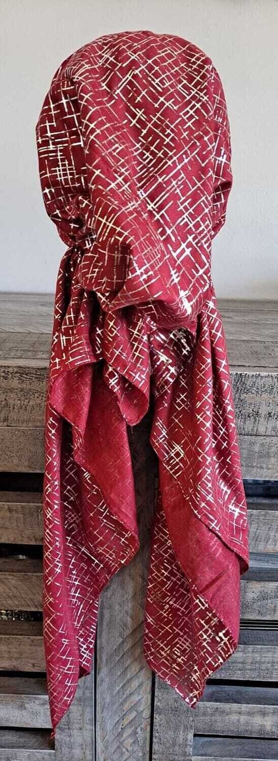 Cranberry - silver lines patterned pretied tichel 