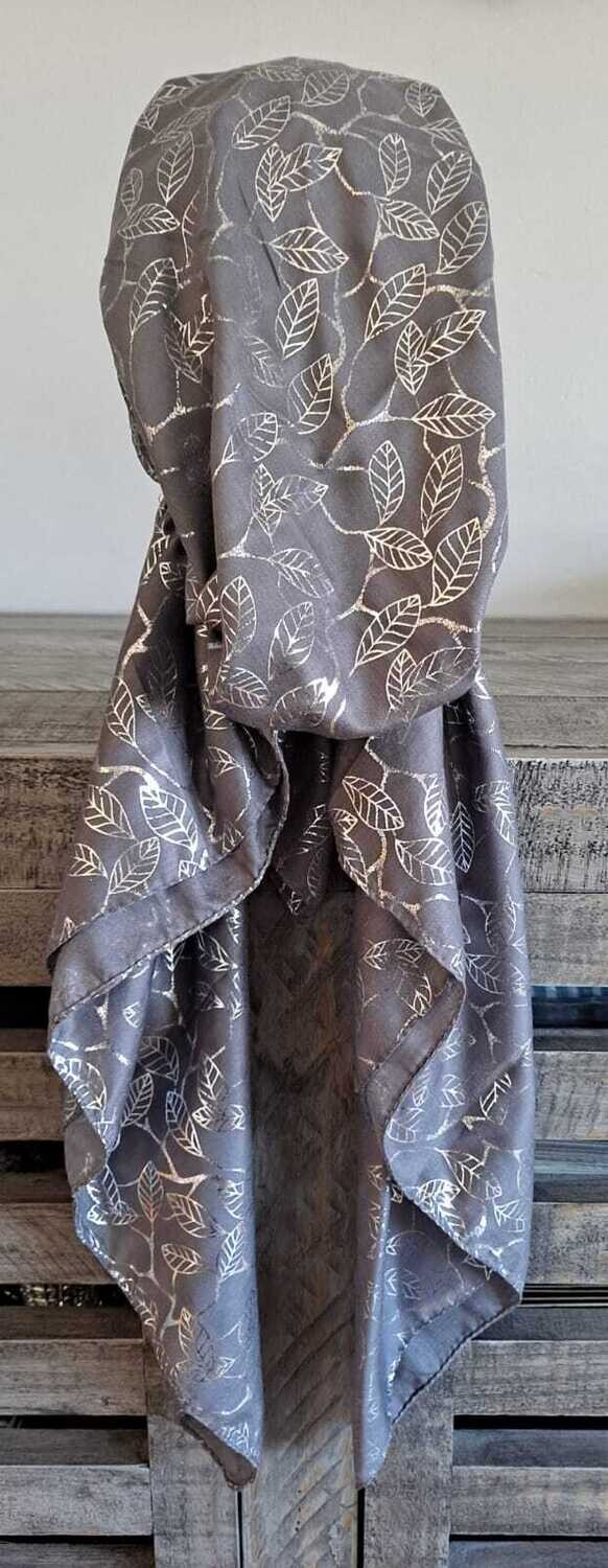 Gray/silver small leaves pattern pre-tied tichel w/band sewn in (BBS)