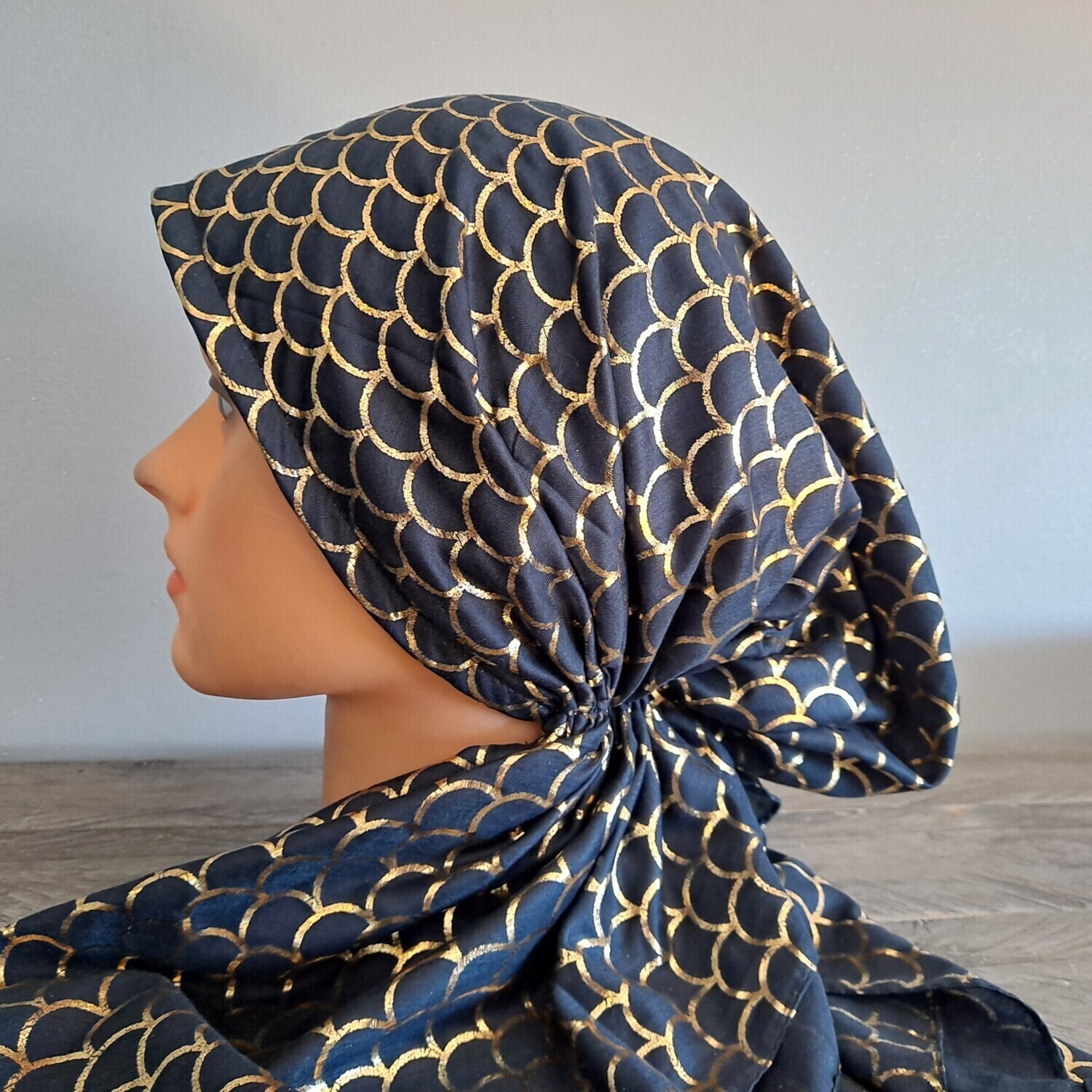 Navy - gold scales patterned pretied tichel 