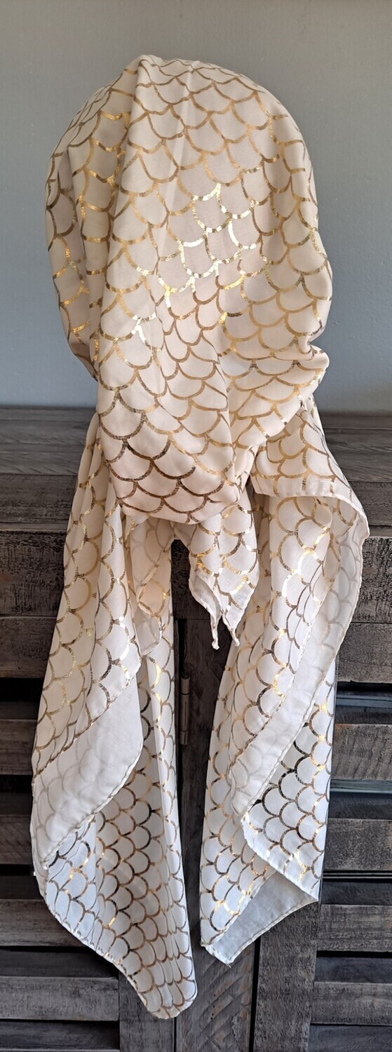 Soft white - gold scales patterned pretied tichel 