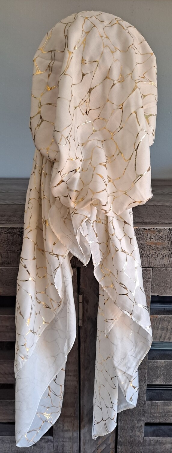 Soft white/gold patterned metallic pretied tichel w/band sewn in (BBS)