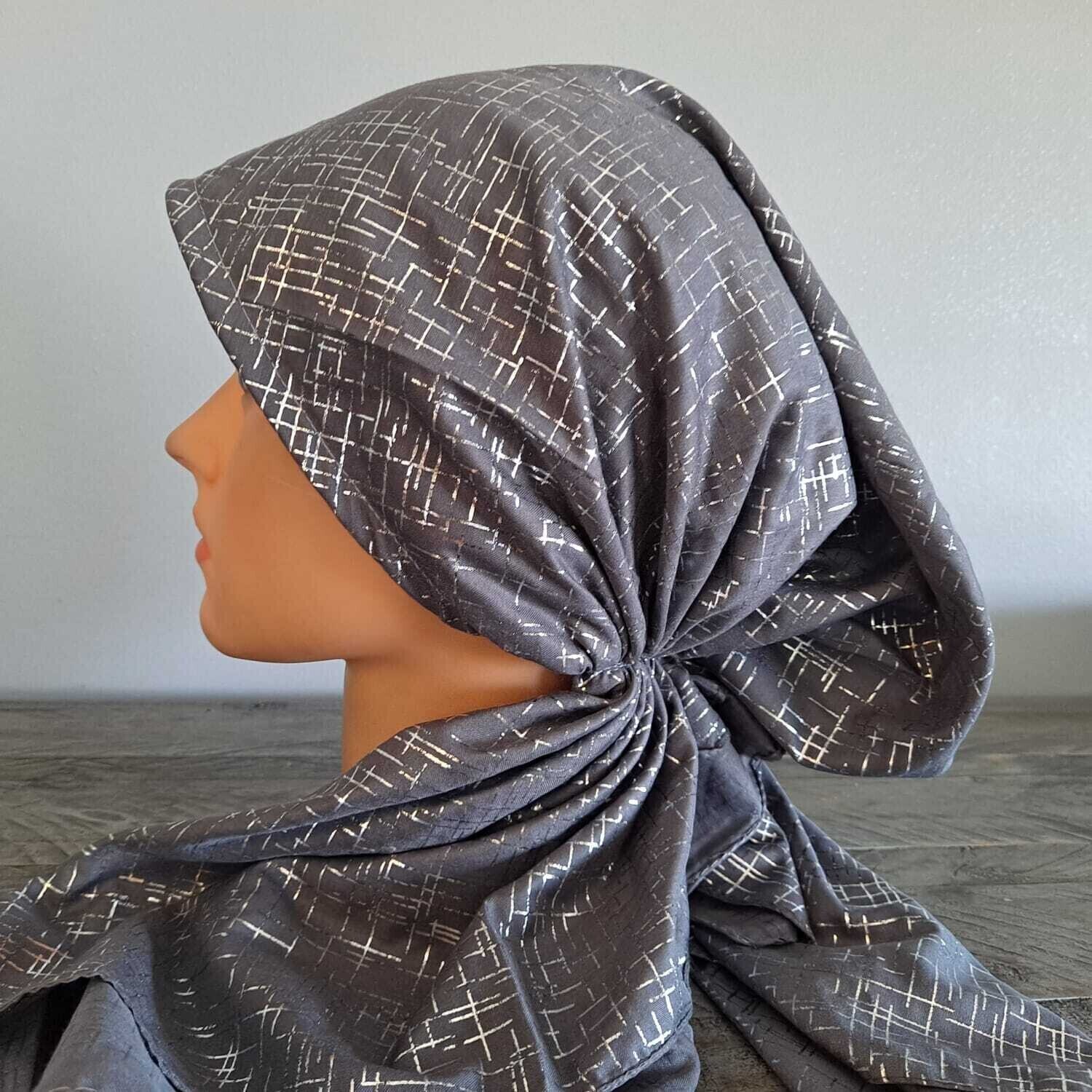 Gray - silver lines patterned pretied tichel 