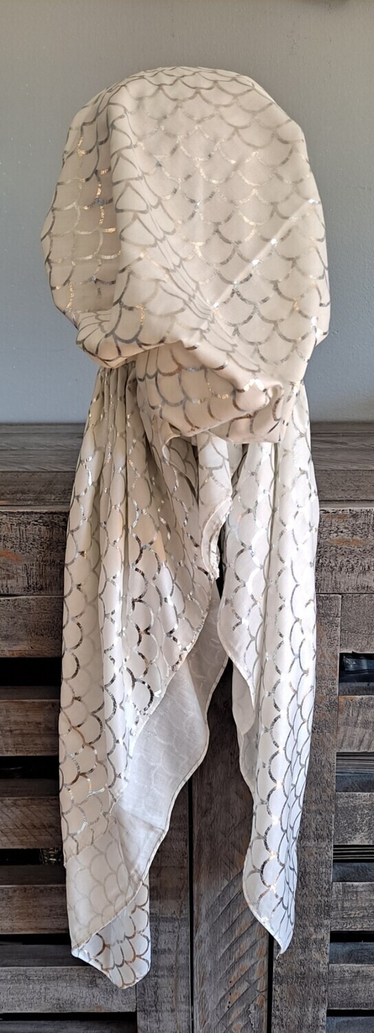 Soft white - silver scales patterned pretied tichel 