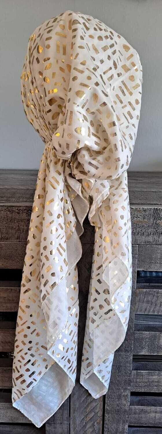 Off white/gold shapes metallic patterned pretied tichel 