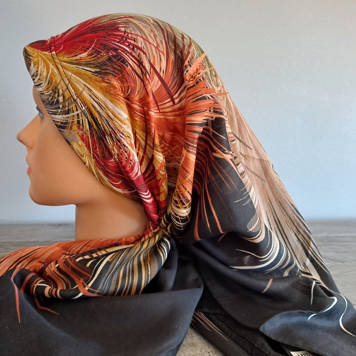 Beautiful colorful w/black long back pre-tied kerchief w/band sewn in  -Turkish thin material