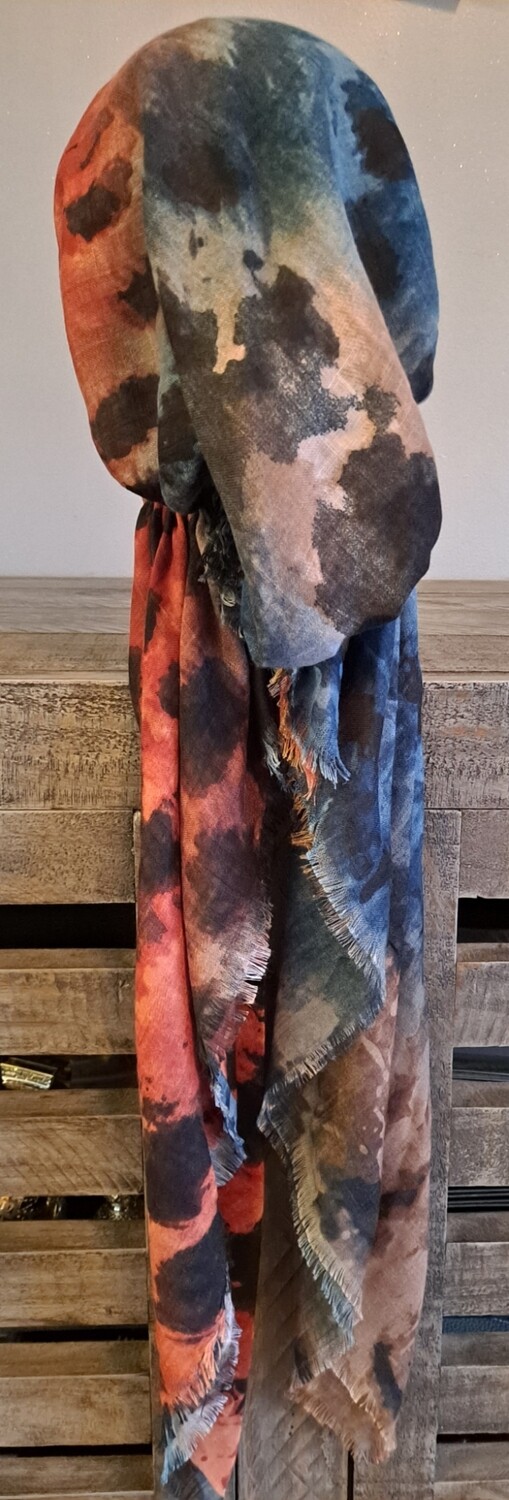 With teal multicolored  - soft fringes pretied tichel w/band sewn in (BBS)