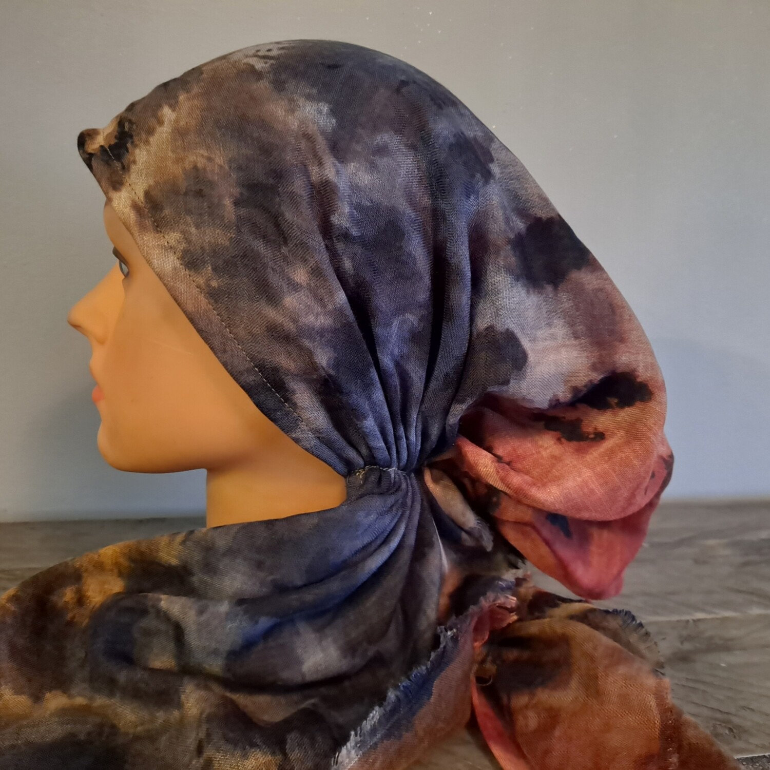 With blue multicolored  - soft fringes pretied tichel w/band sewn in (BBS)