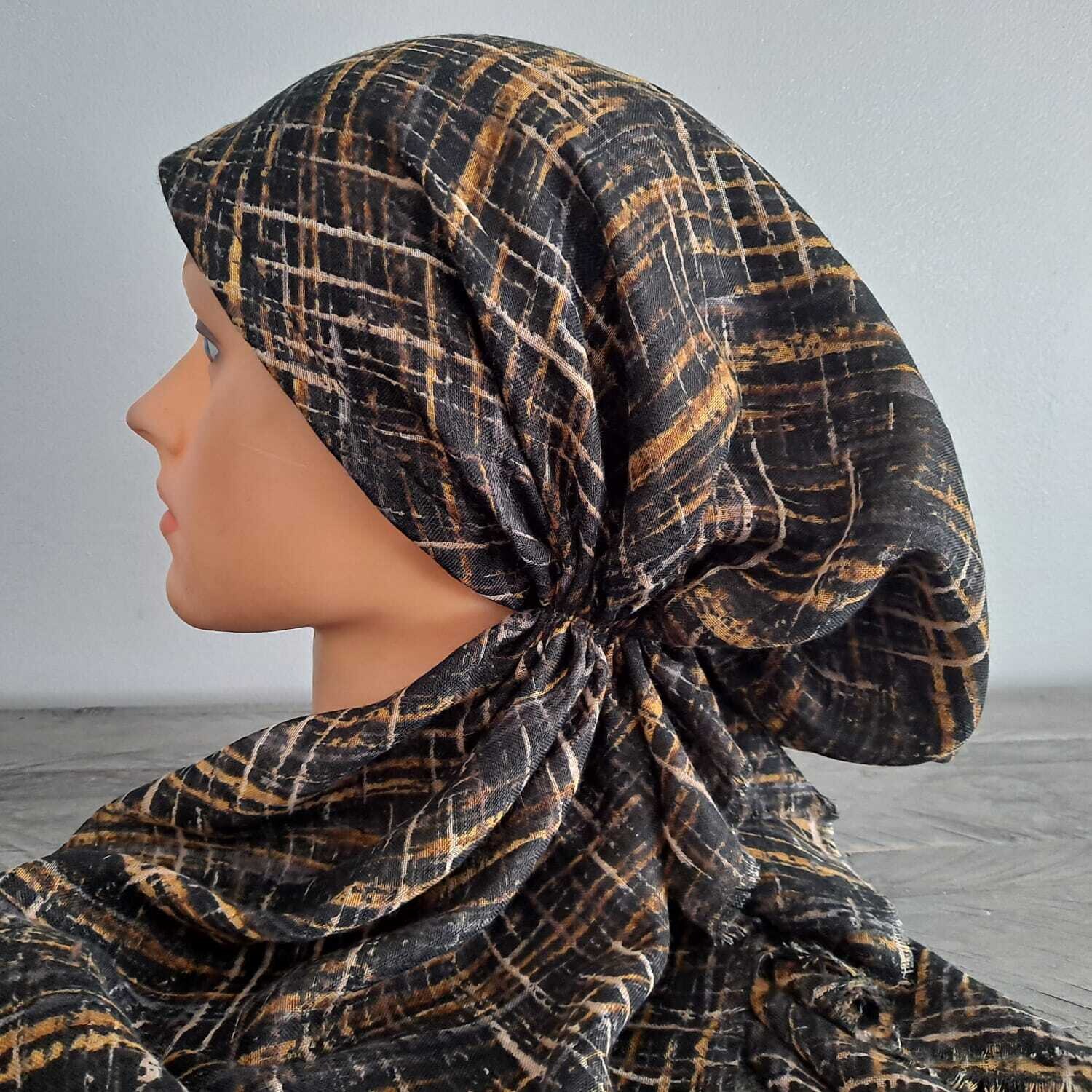 Black gold lines patterned  - soft fringes pretied tichel